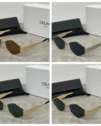 Four pairs of dark-framed sunglasses with cases and boxes