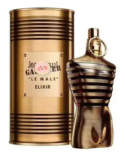 A gold torso-shaped fragrance bottle standing beside its ribbed gold tin against white