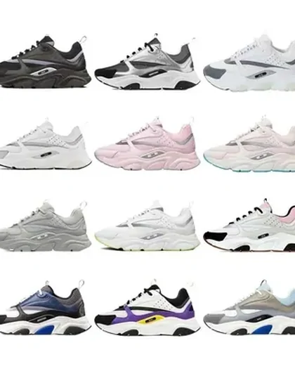 Nine chunky runners photographed from above in three tiers, in black, white, grey, pink and navy