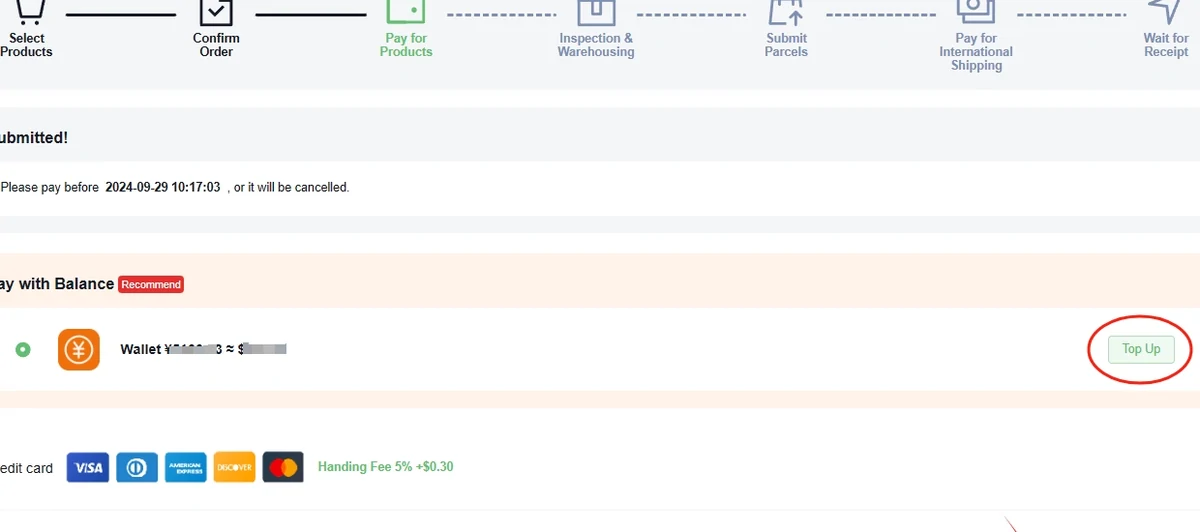 A checkout screen showing a payment deadline notice, a wallet balance option marked as recommended, a credit card option and a PayPal option each with a handling fee percentage, and an amount payable line