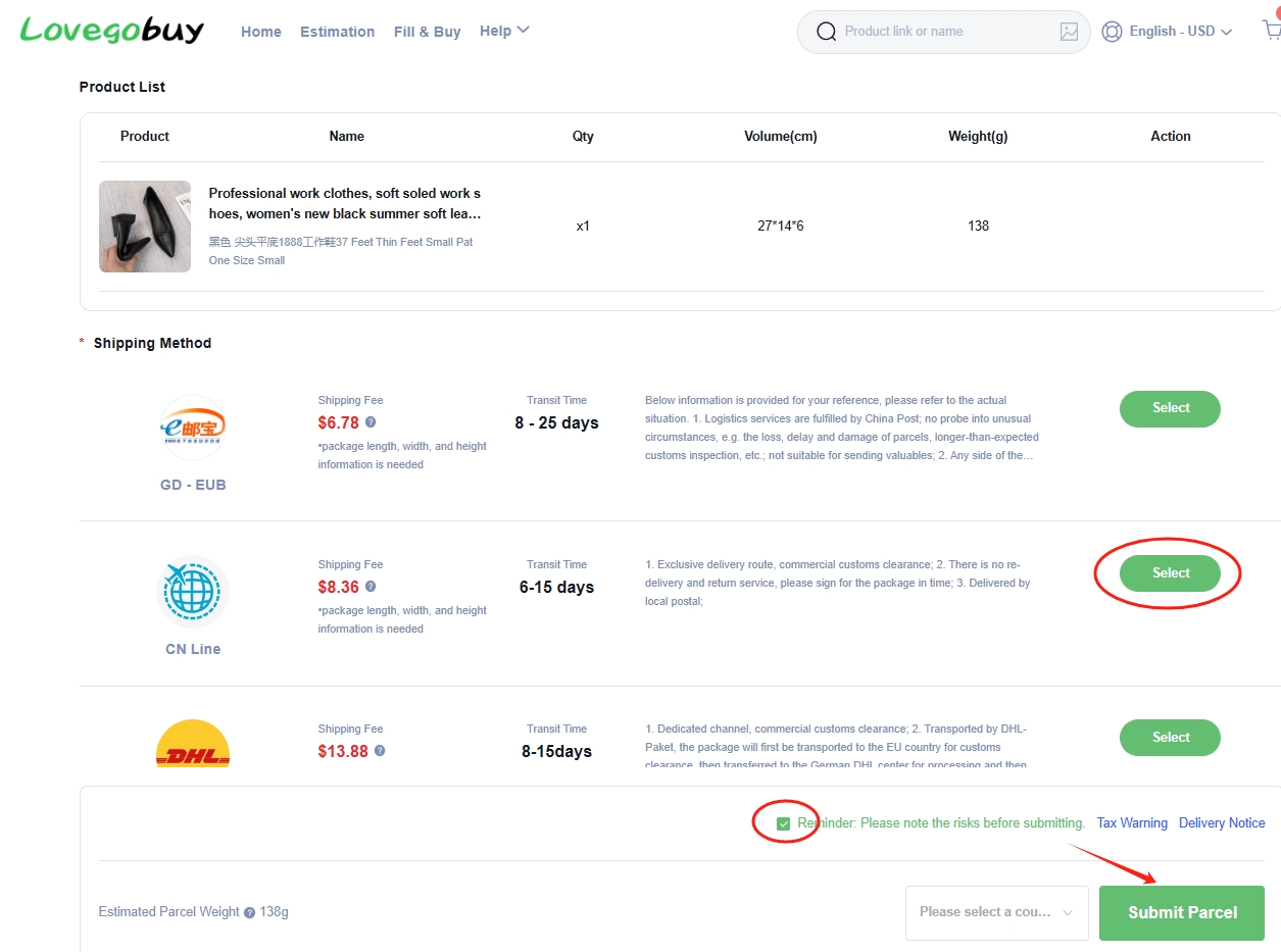 Archived shipping comparison with product weight and dimensions, three shipping methods, a risk reminder and Submit Parcel button