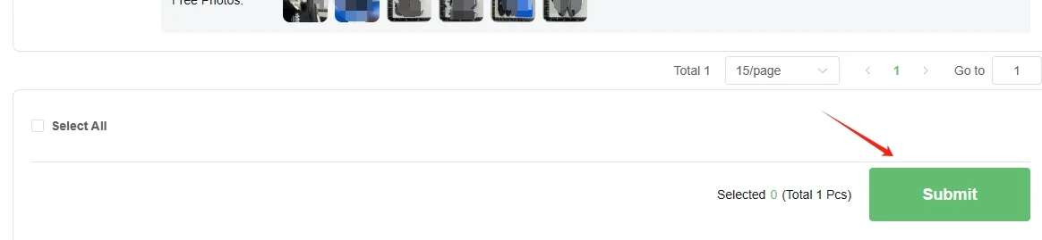 A warehouse screen footer with a strip of small item photographs, a Select All control, a counter reading selected one of one piece, and a green Submit button